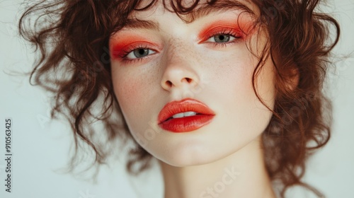 Elegant portrait of a woman with bold red makeup on a light background