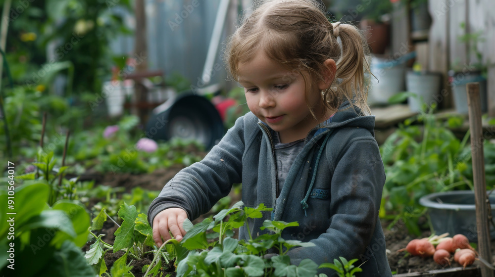 custom made wallpaper toronto digitalA young girl wearing a hoodie is carefully tending to plants in a home garden, surrounded by greenery.