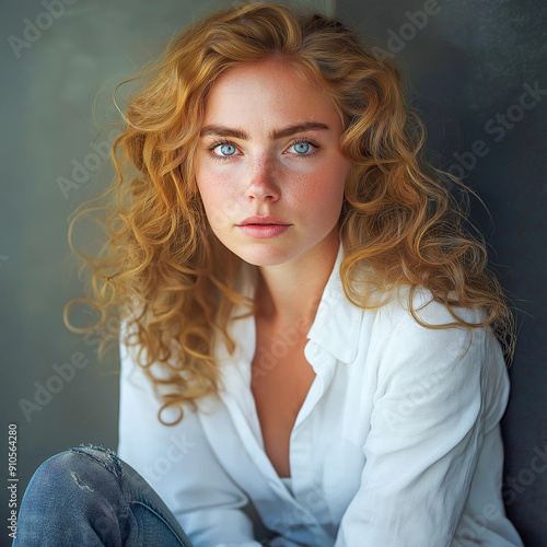 attractice positive looking woman with blue eyes photo