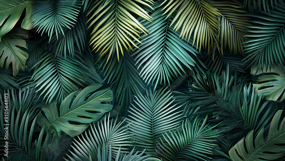 3d render, abstract palm leaves background, tropical jungle foliage... 3d render, abstract palm leaves background, tropical jungle foliage...