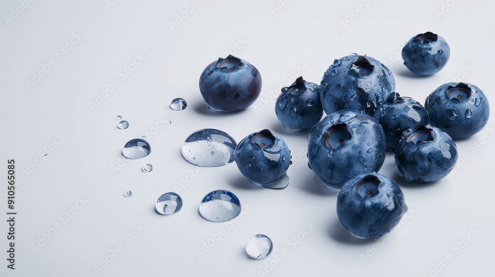 A macro shot of a sliced blueberry with droplets of juice visible, surrounded by a few whole berries. Clean white background for a crisp, fresh look A macro shot of a sliced blueberry with droplets of juice visible, surrounded by a few whole berries. Clean white background for a crisp, fresh look