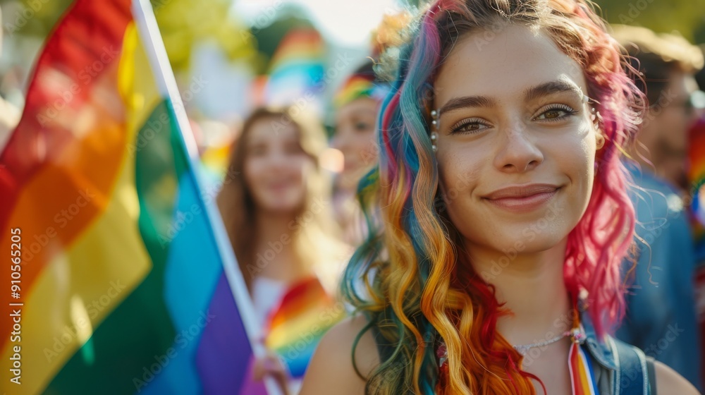 An LGBT community group celebrates gay pride day with a rainbow flag. An LGBT community group celebrates gay pride day with a rainbow flag.