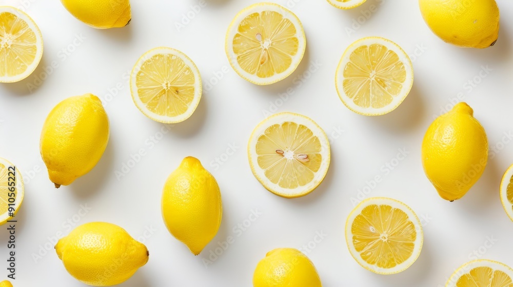 A minimalistic shot of lemon slices and halves, artistically scattered on a white background. The simplicity enhances the brightness of the lemons A minimalistic shot of lemon slices and halves, artistically scattered on a white background. The simplicity enhances the brightness of the lemons