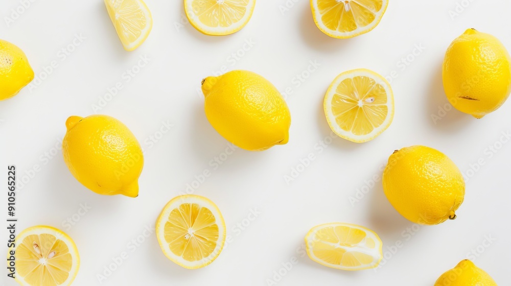 A minimalistic shot of lemon slices and halves, artistically scattered on a white background. The simplicity enhances the brightness of the lemons A minimalistic shot of lemon slices and halves, artistically scattered on a white background. The simplicity enhances the brightness of the lemons