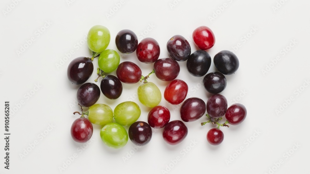A mix of red, green, and black grape halves, some with visible seeds, others seedless. The freshness and variety highlighted on a plain white surface A mix of red, green, and black grape halves, some with visible seeds, others seedless. The freshness and variety highlighted on a plain white surface