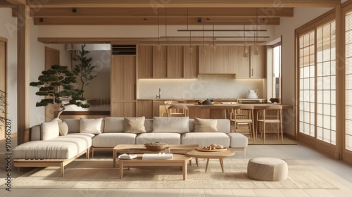 In this modern Japanese minimalist interior design kitchen and living room, sleek tatami mats meet plush rugs, light wood blends with earthy ceramics, and hidden shoji screens reveal a minimalist
