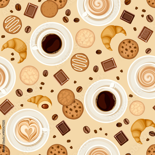 Seamless pattern with coffee cups, coffee beans, cookies, croissants, and chocolate. Vector seamless background 