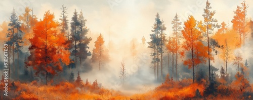 Watercolor painting of Foggy Autumn Forest with Vibrant Foliage and Sunlight, Tranquil Nature Scene, Fall Backgrounds, Wall Art