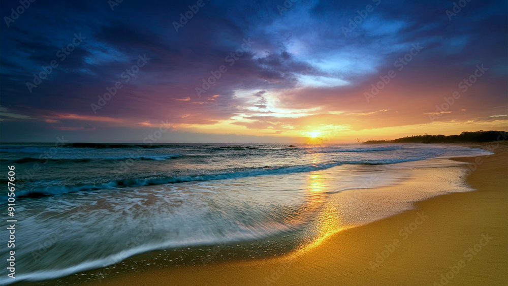 High-angle of pristine beach at sunset gentle waves of blue water washing against the golden sand sky tinted in vibrant hues of orange, pink, and purple High-angle of pristine beach at sunset gentle waves of blue water washing against the golden sand sky tinted in vibrant hues of orange, pink, and purple