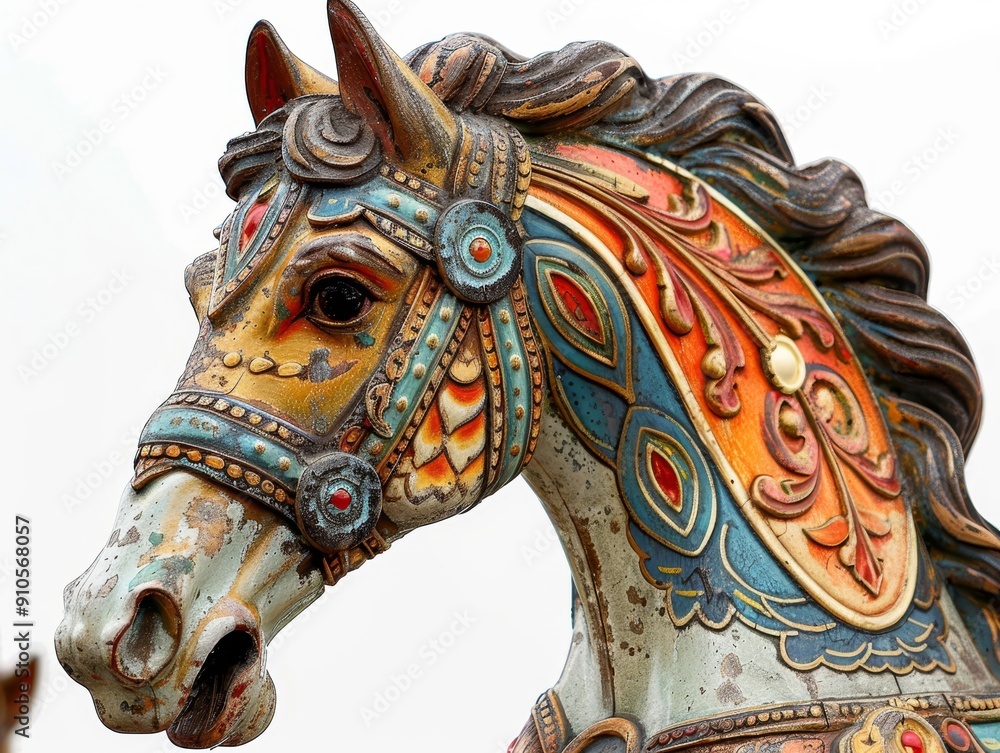 Naklejka premium Close-up of a vintage wooden carousel horse, showcasing its ornate carvings and bright paint, isolated on a clean background with space for text
