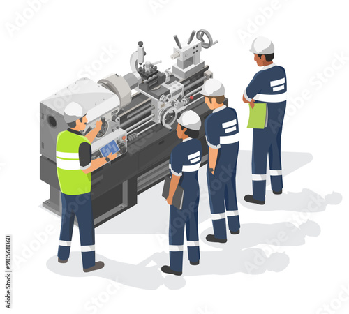 Engineer and Technician work  training on Heavy Duty Metal Lathe Machine metalworker industrial experienced operator Maintenance concept isometric industrial machinery labor working white background