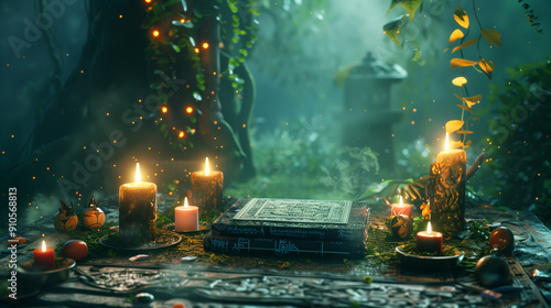 Magical altar in enchanted forest. Ancient grimoire surrounded by glowing candles in a mystical scene with floating particles and lush vegetation. photo