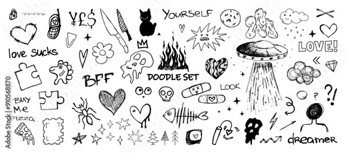 Teenage doodles, scribble drawings, collage of drawings of depressive mood in a teenage style. Concept of emo drawings in a notebook. Elements drawn by hand. Scribble and doodles set by pen. Vector