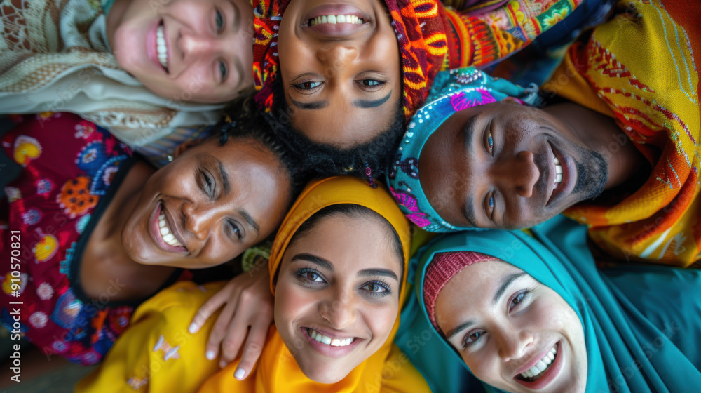 A diverse group of friends lies in a circle on the ground, smiling up at the camera and wearing colorful clothing. A diverse group of friends lies in a circle on the ground, smiling up at the camera and wearing colorful clothing.