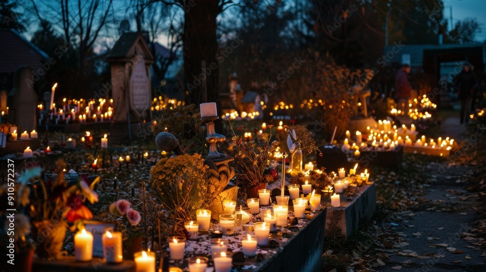 many lit candles inside a cemetery. concept day of the dead mexico many lit candles inside a cemetery. concept day of the dead mexico