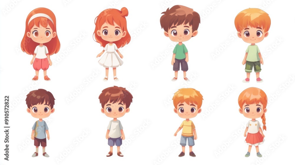 Collection of adorable anime kids, boy and girl, in various poses for design assets Collection of adorable anime kids, boy and girl, in various poses for design assets