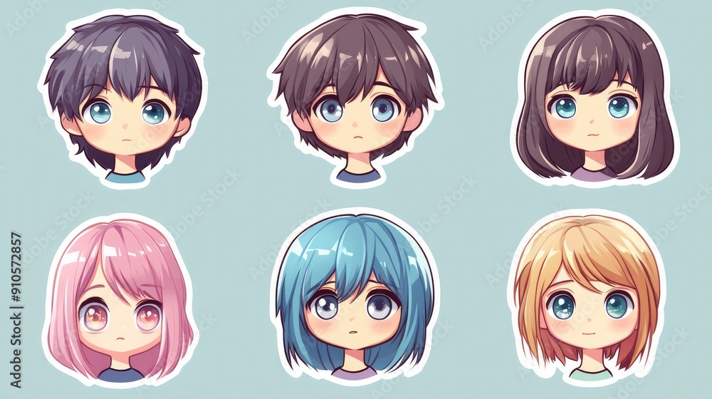 Collection of anime boy and girl stickers, ideal for design assets and copy space Collection of anime boy and girl stickers, ideal for design assets and copy space