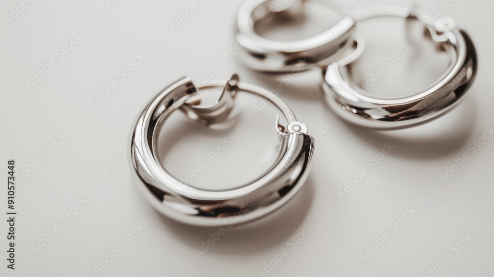Three modern silver hoop earrings with a polished finish are lying on a white surface, showcasing their simple yet elegant design Three modern silver hoop earrings with a polished finish are lying on a white surface, showcasing their simple yet elegant design