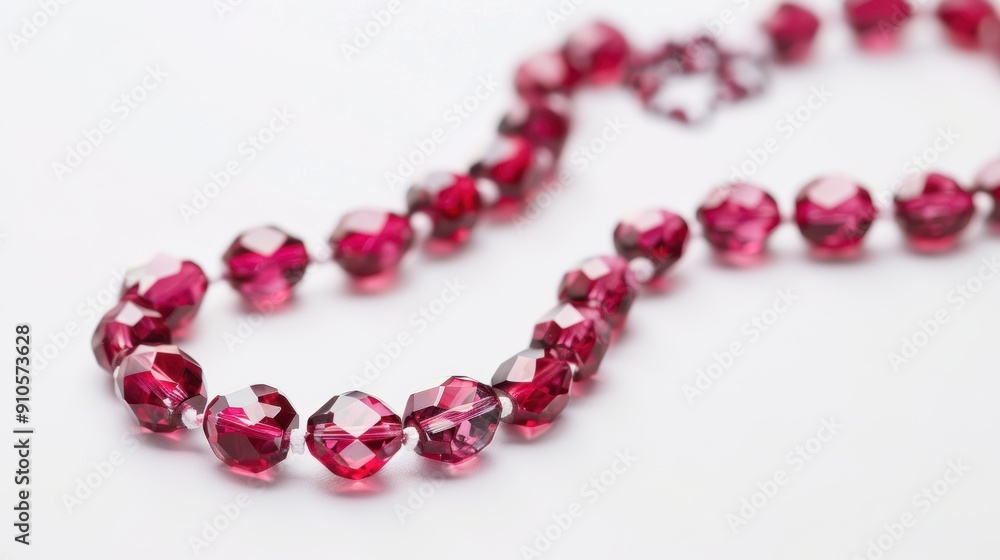 Red faceted bead necklace gleaming on a pristine white surface Red faceted bead necklace gleaming on a pristine white surface