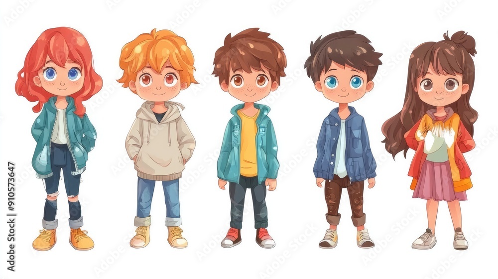 Set of adorable anime kids, boy and girl, colorful and isolated for design projects Set of adorable anime kids, boy and girl, colorful and isolated for design projects
