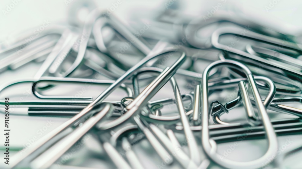 Abstract pattern created by a stack of shiny metal paperclips on a white surface Abstract pattern created by a stack of shiny metal paperclips on a white surface