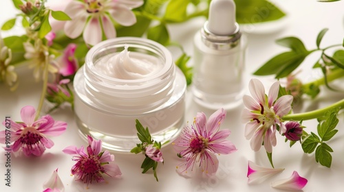 whitening and moisturizing Face cream in an open glass jar and flowers on white background. Set for spa, skin care and body products and solutions for skin problems such as scars, acne, wrinkles.