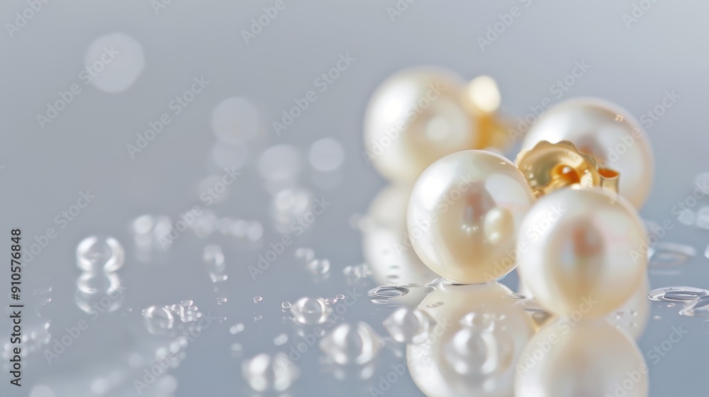 Four white pearl earrings with gold backing laying on reflective surface with water droplets Four white pearl earrings with gold backing laying on reflective surface with water droplets