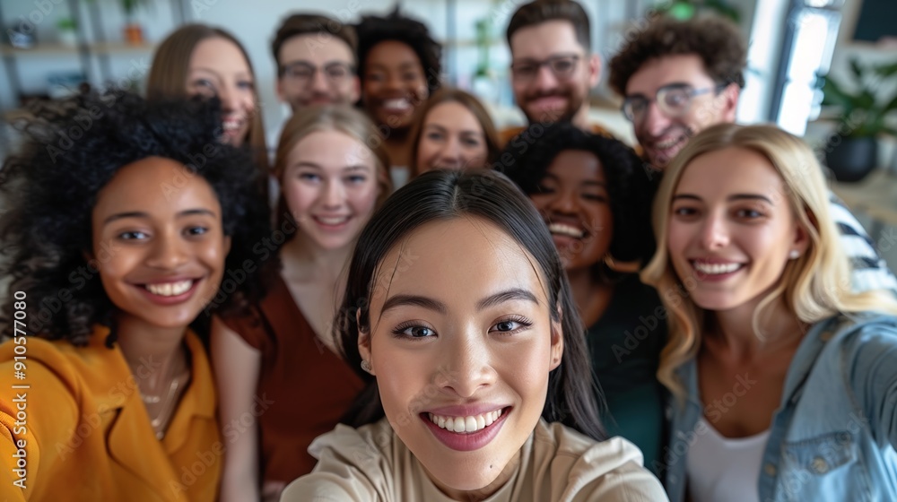Diverse group of young professionals smiling and taking a selfie together in an office setting, symbolizing community among employees.emphasizing a positive and inclusive work environment. Diverse group of young professionals smiling and taking a selfie together in an office setting, symbolizing community among employees.emphasizing a positive and inclusive work environment.
