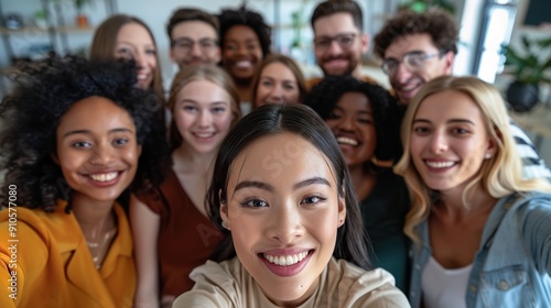 Diverse group of young professionals smiling and taking a selfie together in an office setting, symbolizing community among employees.emphasizing a positive and inclusive work environment.
