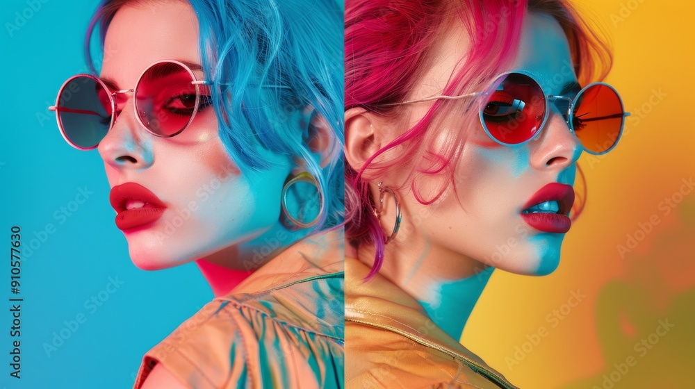 Obraz premium set of women fashion influencers divided each with makeup and fashion style