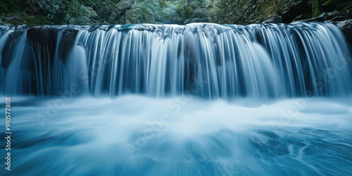 Stunning waterfall cascading in a lush forest, with vibrant green foliage and clear blue water creating a tranquil scene.