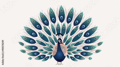 Basic 2D vector illustration of a peacock with its feathers spread wide, employing a minimalist style with clean lines and plain colors for simplicity