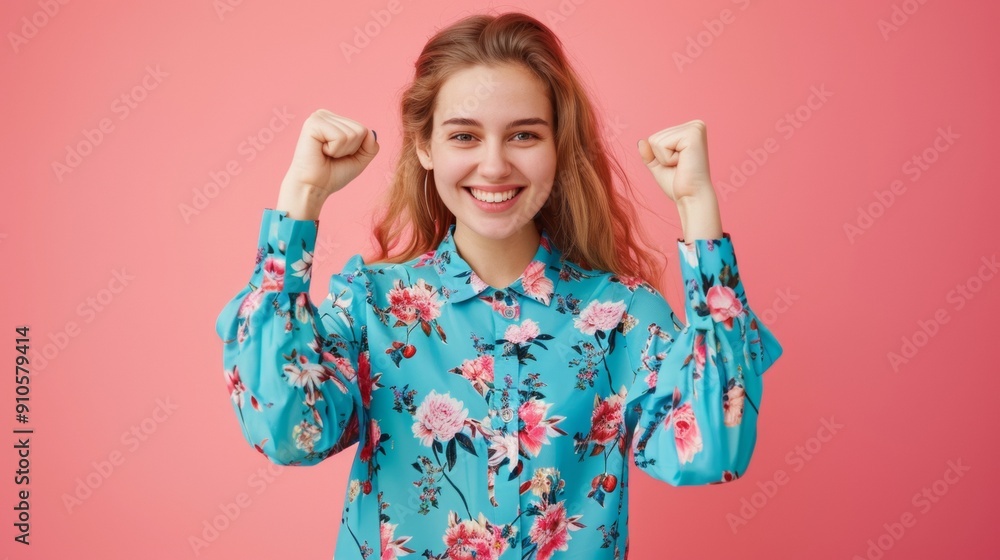 beautiful woman in flower blouse with fighting pose while smiling at camera on pink background beautiful woman in flower blouse with fighting pose while smiling at camera on pink background