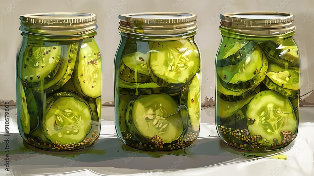 Illustration of Three Jars of Dill Pickles Illustration of Three Jars of Dill Pickles