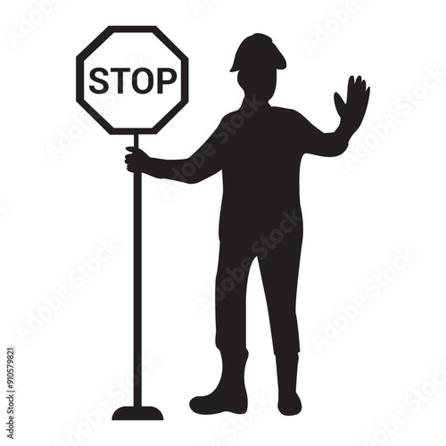 Stop. There is no road. road builder holding stop road sign silhouette. adjuster shows a road sign and hand gesture. 