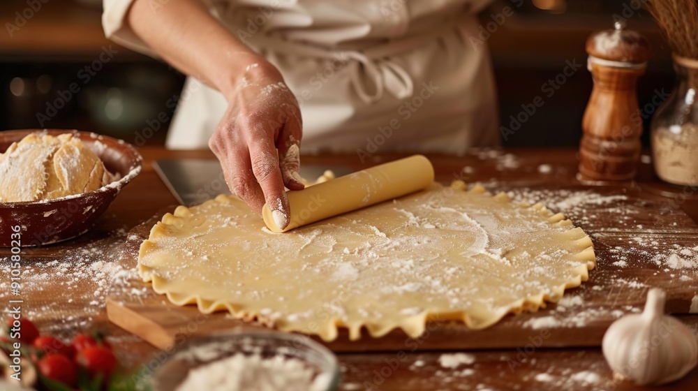 Photo of a Woman Rolling Out Dough with a Rolling Pin on a Wooden Cutting Board Photo of a Woman Rolling Out Dough with a Rolling Pin on a Wooden Cutting Board