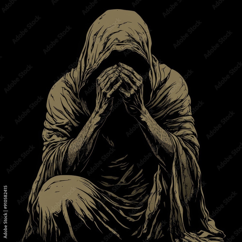 Hooded figure in sorrow with hands covering face. Hooded figure in sorrow with hands covering face.