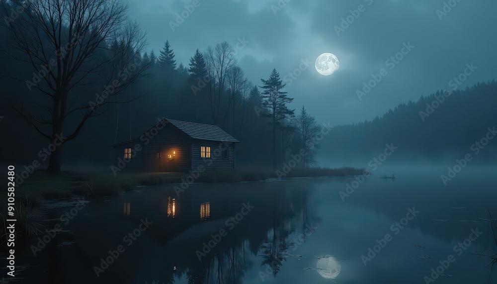 Cabin in the Woods Under a Full Moon. Cabin in the Woods Under a Full Moon.