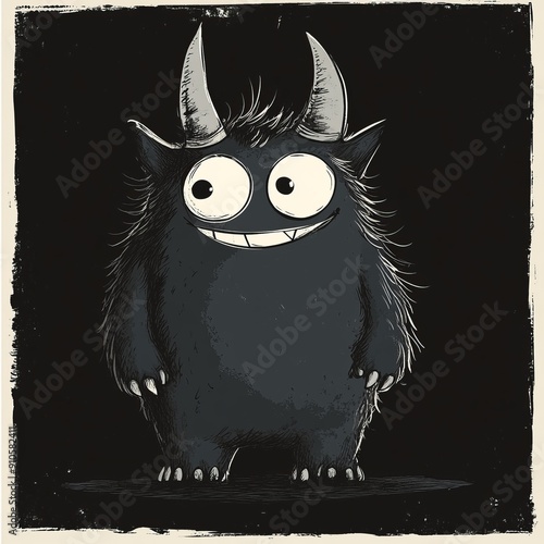Furry cartoon monster with horns on a black background.