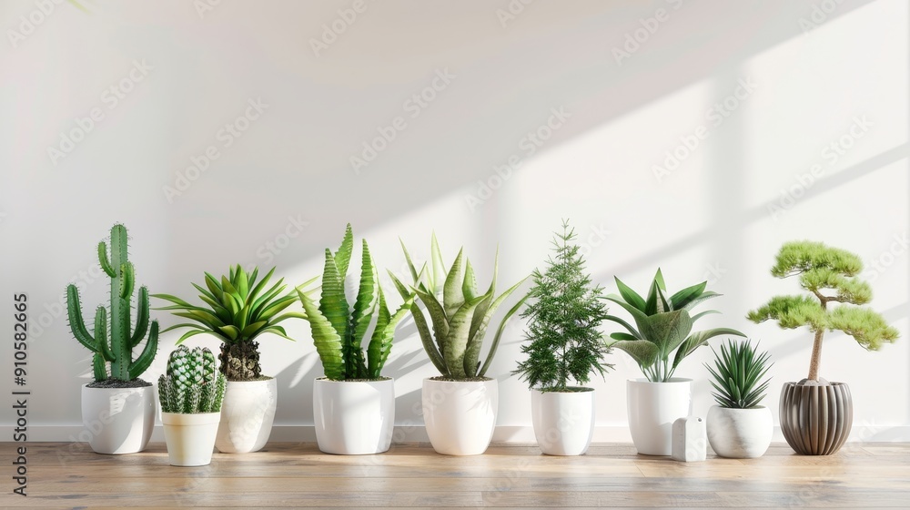 Variety of Green Tropical Succulent House Plants and Trees in White Modern Design Pots, Brightening a Plain White Wall Room with Sunlight Streaming from the Window Variety of Green Tropical Succulent House Plants and Trees in White Modern Design Pots, Brightening a Plain White Wall Room with Sunlight Streaming from the Window