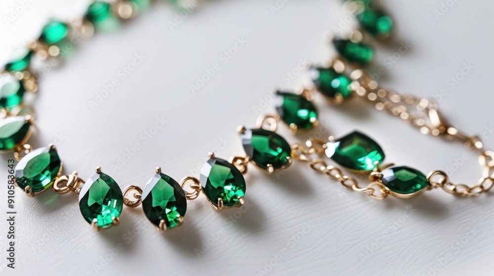 Beautiful emerald green necklace sparkling on a white background, perfect for showcasing luxury, elegance, and style Beautiful emerald green necklace sparkling on a white background, perfect for showcasing luxury, elegance, and style