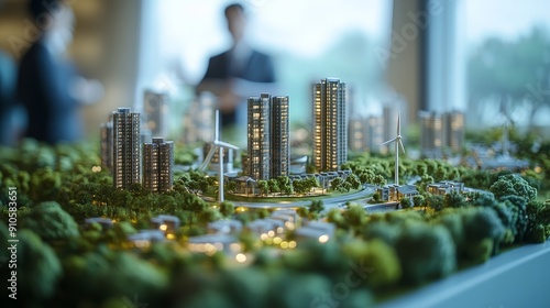 Modern green cityscape with wind turbines and buildings photo