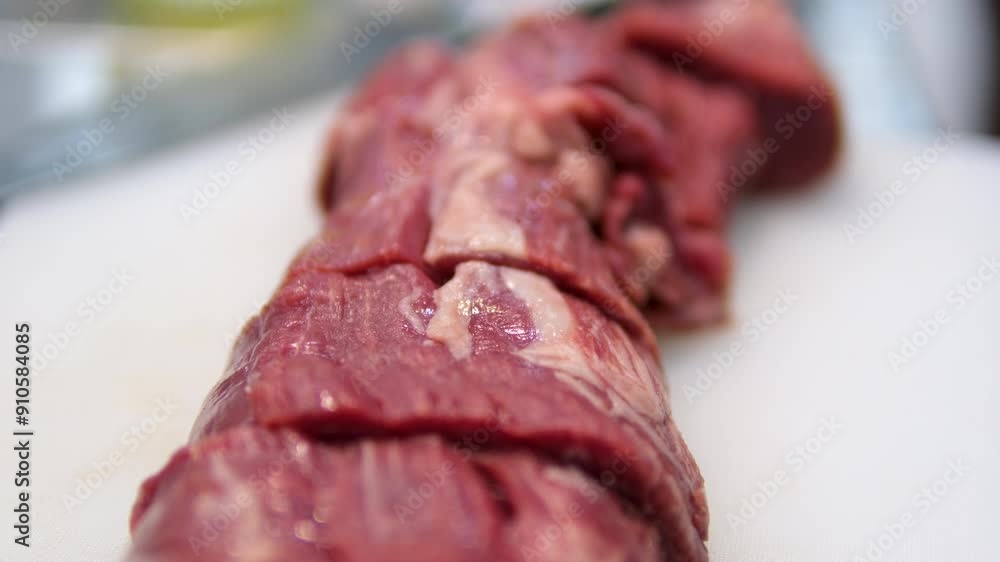 Raw pork tenderloin meat sliced medallions, close-up. Stock video 4k Veal tenderloin Raw pork tenderloin meat sliced medallions, close-up. Stock video 4k Veal tenderloin