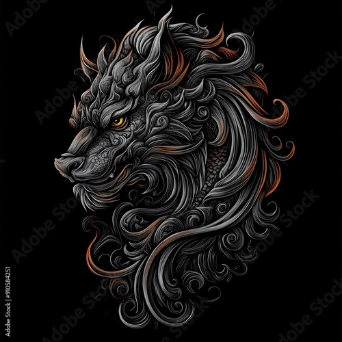 Intricate mythical dragon with detailed swirling lines photo