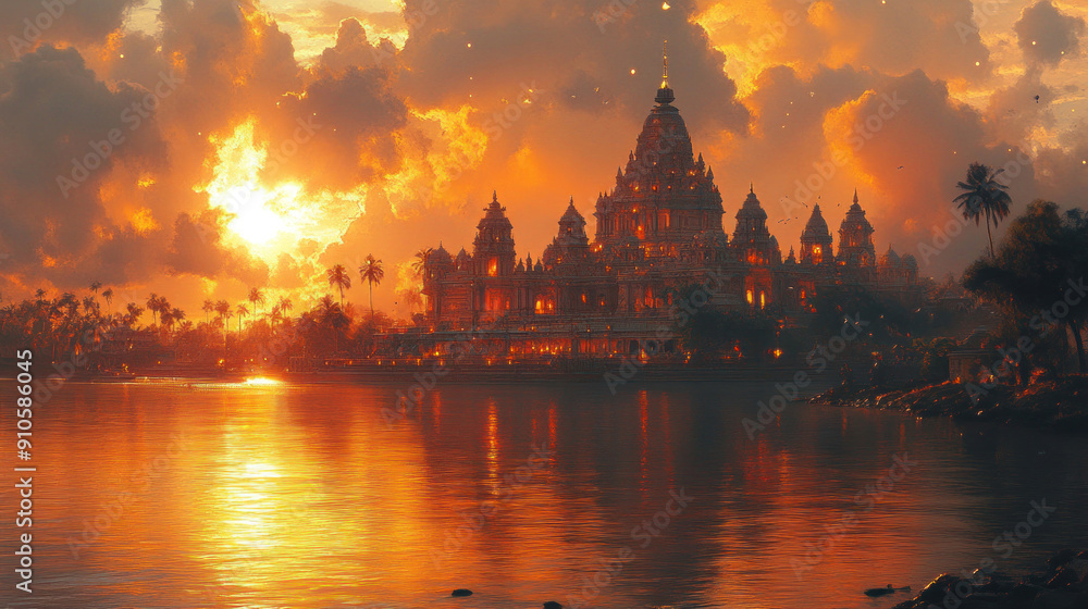 Fototapeta premium A majestic temple with intricate architecture, basking in the golden morning sun.