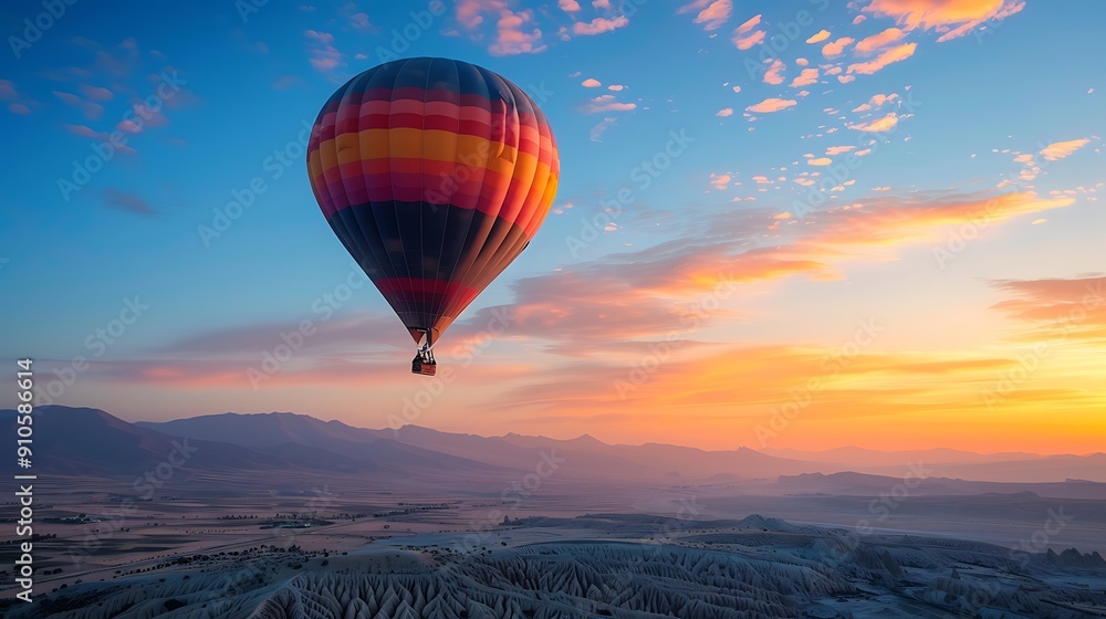 Fototapeta premium Sunrise Hot Air Balloon Flight Over a Desert Landscape
