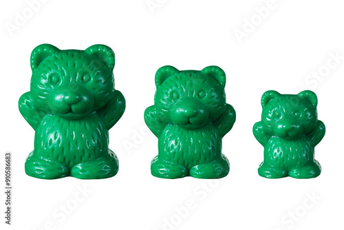 A set of proportional green bear counters for teaching math to school children on white background