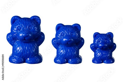 A set of proportional blue bear counters for teaching math to school children on white background