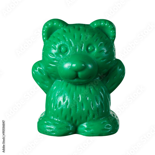 Single green bear counter for teaching math to school children on white background