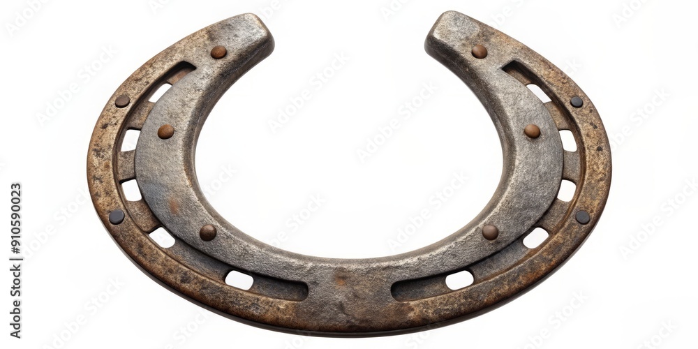 Isolated horseshoe footprint shape cast in rustic metal with realistic texture and shading, ideal for equestrian, cowboy, or rustic-themed designs and compositions. Isolated horseshoe footprint shape cast in rustic metal with realistic texture and shading, ideal for equestrian, cowboy, or rustic-themed designs and compositions.